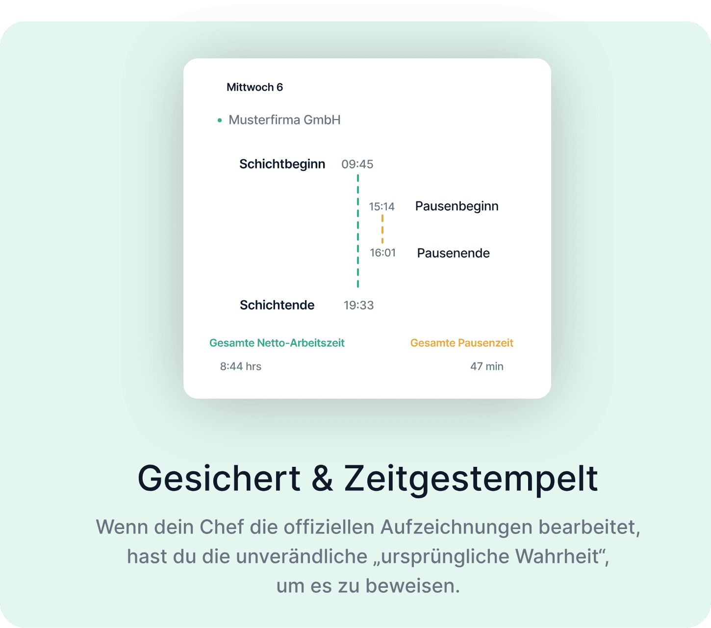 Sicher verwahrt & mit Zeitstempel — Wenn dein Chef die offiziellen Aufzeichnungen ändert, hast du die unveränderbare „Ursprüngliche Wahrheit“ als Beweis.